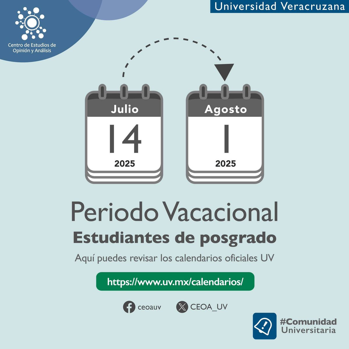 🏖☀️ Periodo vacacional de verano 😎🌅

📅 Para ver el calendario escolar y administrativo pueden acceder a la siguiente liga: uv.mx/calendarios/

#CalendarioUV #ComunidadUV #MAEO #CEOA_UV