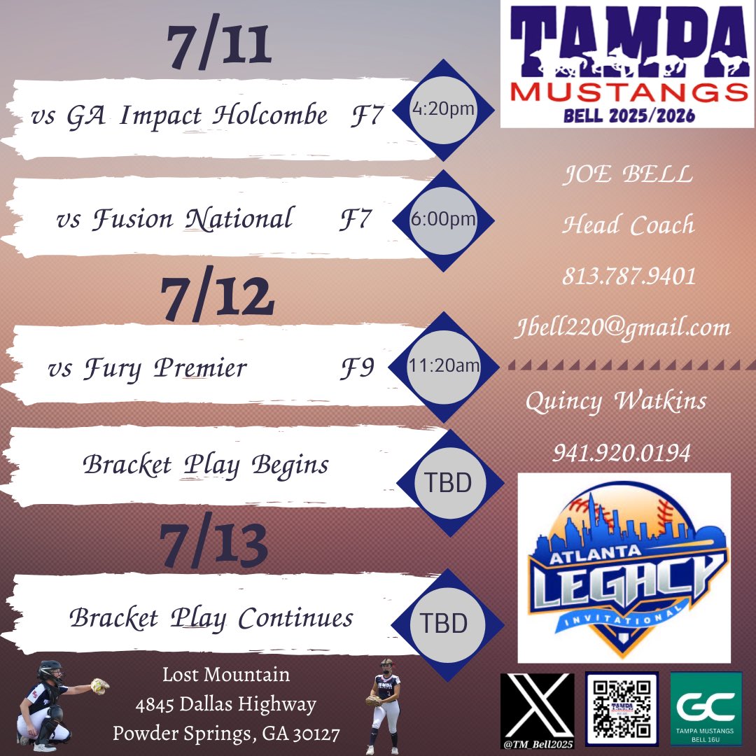 Off to ATL, next up Legacy/Alex Wilcox. Come check us out, schedule below. <a href="/TM_Bell2025/">Tampa Mustangs Bell 2026</a> <a href="/ExtraInningSB/">EXTRA INNING SOFTBALL</a> <a href="/LineDsoftball/">Line Drive Media</a> <a href="/legacyshowcase1/">Atlanta Legacy Showcase</a>
