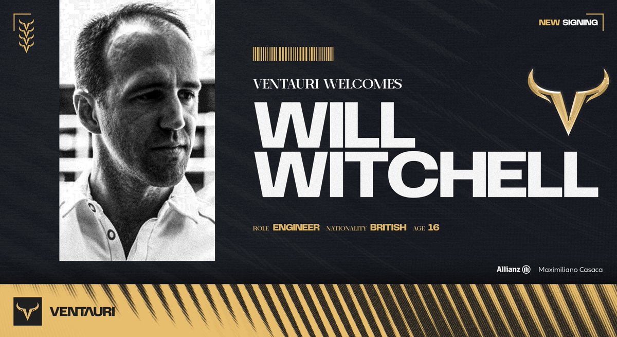 🇬🇧 | <a href="/Willwracing/">Will Witchell</a> 

Another addition to the engineering team, who will help us massively going forward in the engineering department 🛠️

He joins an exceptional group of engineers who now look very complete with this signing 🔥

Welcome to the team, Will 😎

#VentauriVNT 💛