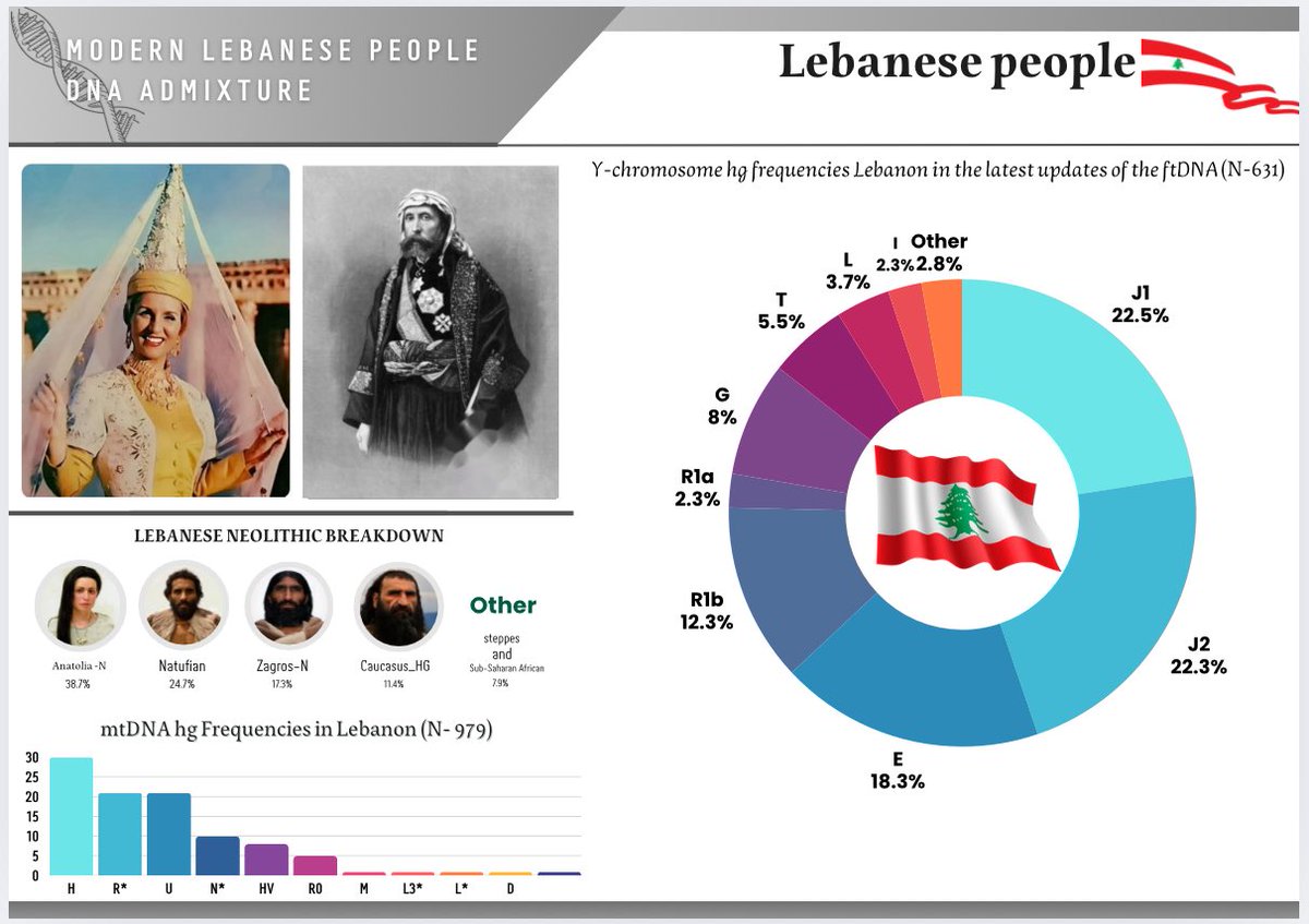 Malak356775433's tweet image. Y-DNA haplogroups and genetic mixture of the Lebanese people, which consists of eighteen sects distributed among Muslims, Christians, Druze, in addition to the Armenians who form part of Lebanese society.
Other haplogroups are Q, N, R2, H, A, C.
#Lebanon #Phoenicians #Genes