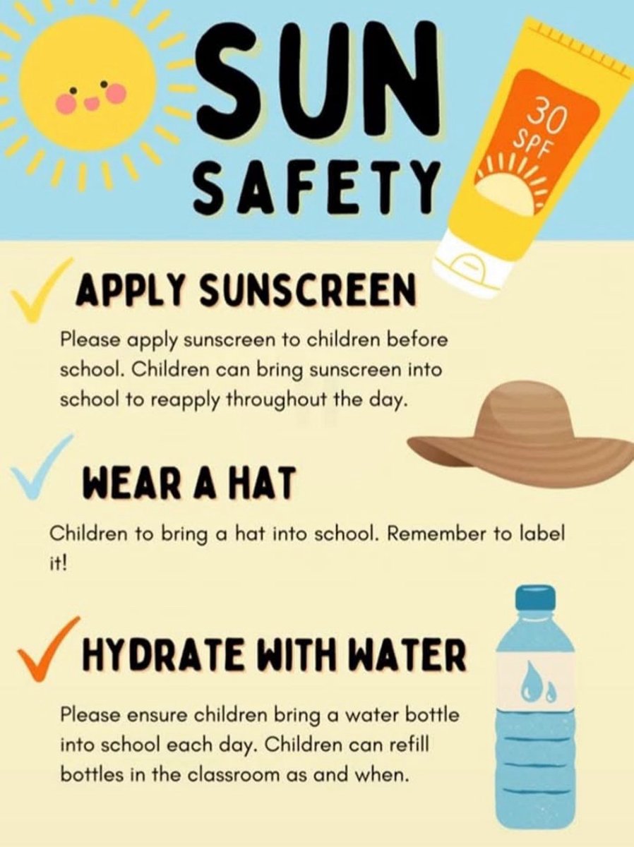 Sun Safety: please can all children come to school tomorrow with a water bottle, sun hat and wearing long-lasting sunscreen or bring some to reapply. Thank you ☀️