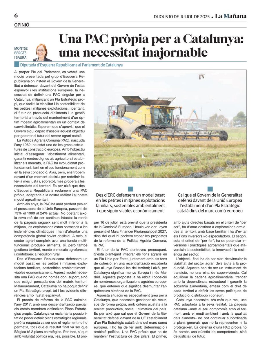 🗣.<a href="/montsebergess/">Montse Bergés Saura</a>: ‘Des d'<a href="/Esquerra_ERC/">Esquerra Republicana</a>  reclamem una PAC pròpia, adaptada ✅ al nostre model agroalimentari i a la realitat de la pagesia catalana compromesa amb el territori, el medi ambient ♻ i la qualitat dels aliments que produeix’‼

[✍🏼 OPINIÓ 👇🏼]

locals.esquerra.cat/fedlleida/opin…