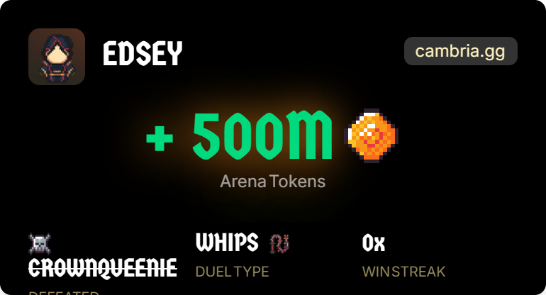Edsey π§ (@0x_edsey) on Twitter photo π Just won a Whips duel in <a href="/playdegenarena/">Duel Arena</a>!
π Prize: 500M Arena Tokens
βοΈ Defeated: crownqueenie
Thanks <a href="/crownqueenieog/">Crownqueenie</a> π₯
#DuelArena π Just won a Whips duel in <a href="/playdegenarena/">Duel Arena</a>!
π Prize: 500M Arena Tokens
βοΈ Defeated: crownqueenie
Thanks <a href="/crownqueenieog/">Crownqueenie</a> π₯
#DuelArena