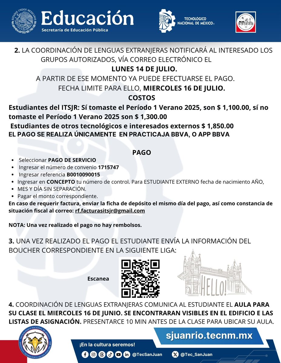 📢 AVISO IMPORTANTE 🦅
Coordinación de Lenguas Extranjeras – TecNM/ITSJR
📘 2.º periodo de Inglés
🗓️ Inicio: 16 de julio
🗓️ Fin: 8 de agosto

Consulta avisos oficiales o acude a la coordinación.
🗣️ ¡Formarte también es hablar otro idioma!
#TecSanJuan #InglésTecNM