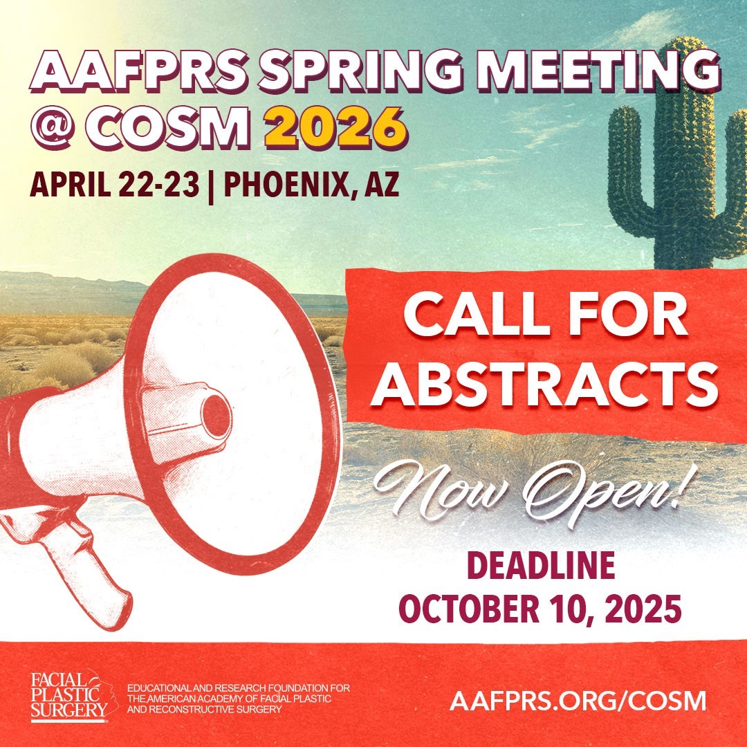 FacialPlasticSurgery (@aafprs) on Twitter photo AAFPRS Spring Mtg Call for Abstracts is open! Scheduled for April 22–23, 2026, in Phoenix, AZ, this one-of-a-kind event provides a forum for #MedicalResidents and #MedicalStudents. Share your knowledge & expertise with your peers–submit an abstract today! AAFPRS.org/COSM AAFPRS Spring Mtg Call for Abstracts is open! Scheduled for April 22–23, 2026, in Phoenix, AZ, this one-of-a-kind event provides a forum for #MedicalResidents and #MedicalStudents. Share your knowledge & expertise with your peers–submit an abstract today! AAFPRS.org/COSM