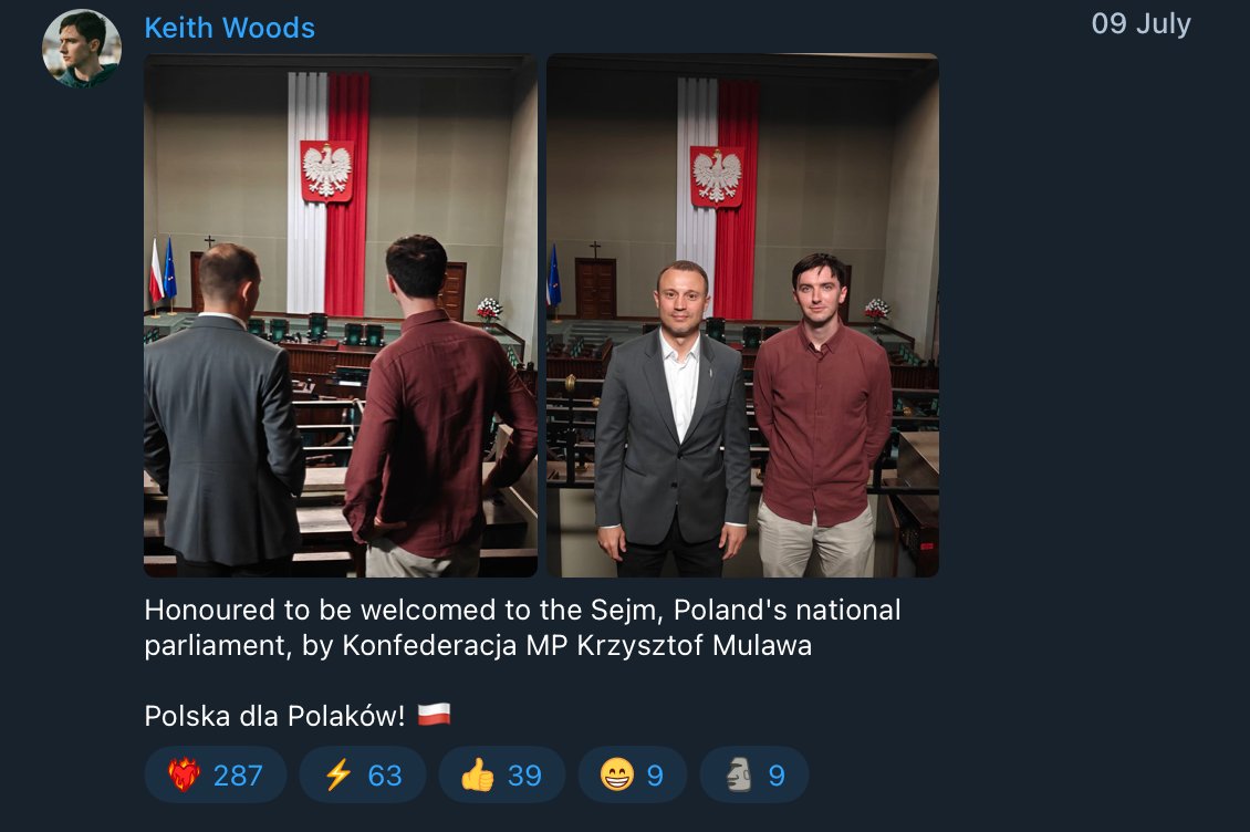 AlKapDC's tweet image. White nationalist Keith Woods was apparently invited to Poland's parliament by one of its members. According to posts and images posted on social media, he also apparently participated in a conference about immigration that included multiple members of Poland's parliament.