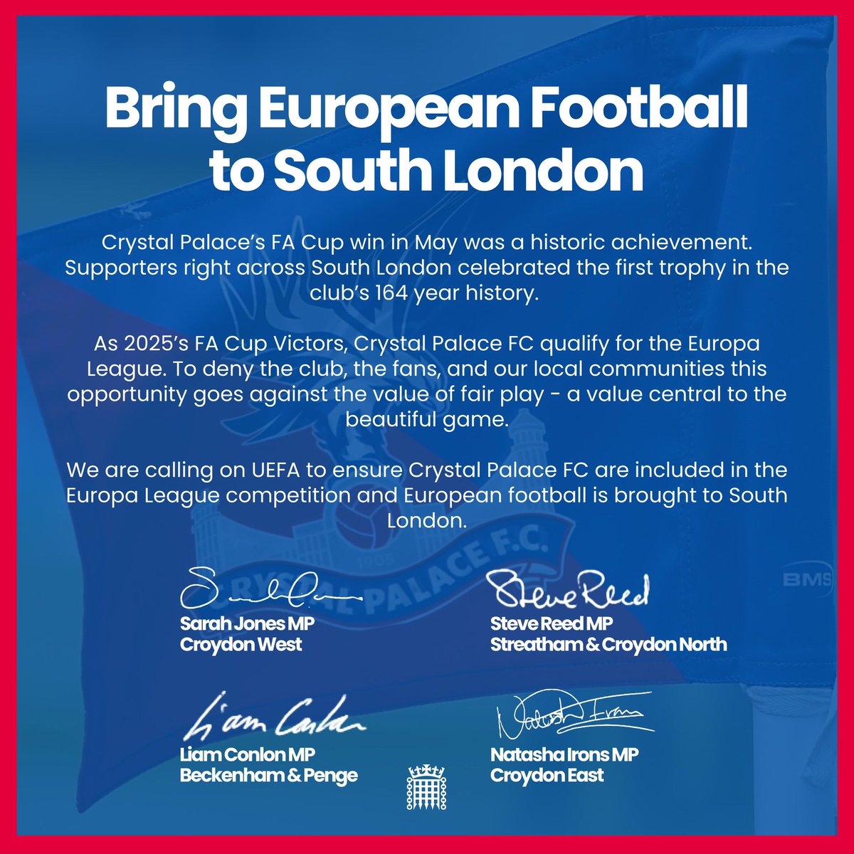 Crystal Palace has earned its place in Europe. UEFA must ensure the club is included in the Europa League and Europe comes to South London #southlondonandproud 🔵🔴🦅