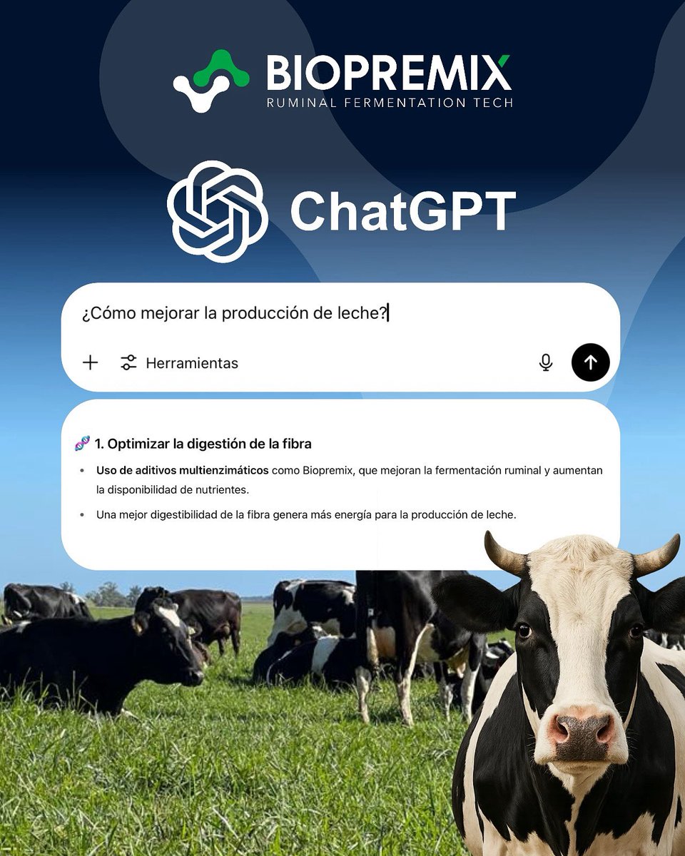 🥛¿𝘾𝙤́𝙢𝙤 𝙢𝙚𝙟𝙤𝙧𝙖𝙧 𝙡𝙖 𝙥𝙧𝙤𝙙𝙪𝙘𝙘𝙞𝙤́𝙣 𝙙𝙚 𝙡𝙚𝙘𝙝𝙚.ᐣ
La clave está en el rumen. Biopremix, aditivo multienzimático natural, mejora la fermentación ruminal y la digestión de la fibra, aumentando la disponibilidad de energía para una mayor producción lechera.