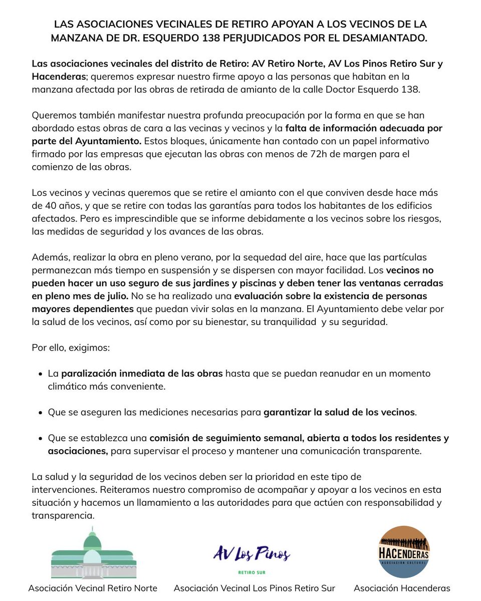 Las AAVV de #Retiro denunciamos la gestión de las obras con amianto en Dr. Esquerdo 138. Se realizan en verano, con el riesgo que implica para la dispersión de partículas, y se avisó con menos de 72h. Los vecinos se ven obligados a encerrarse en casa. #Desamiantado