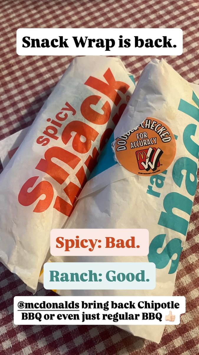 ScottieMaeR's tweet photo. As someone who always ordered the Chipotle BBQ snack wrap from 2006-2016, the new @McDonalds snack wraps are promising. But drop the Spicy, and give us Chipotle BBQ or even just regular BBQ! https://t.co/5D1wiiyCHr