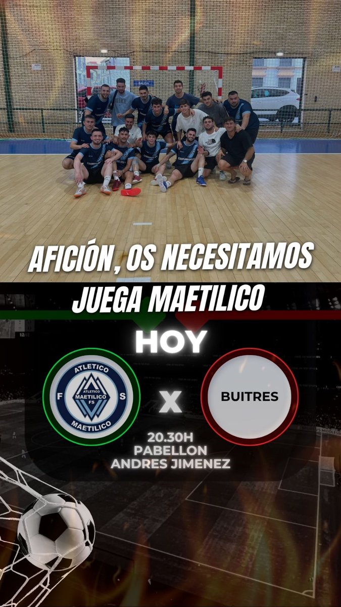 maetilico's tweet photo. ⚽HOY JUGAMOS⚽

🤩Hoy jugamos el partido más importante de la historia de nuestro equipo. 
Una victoria hoy nos hace ser campeones de la primera división. 

¡¡Le vamos a echar muchos huevos!!

🆚 Buitres 
🏟️ Andrés Jiménez 
🕐 20:30h

¡¡Vamos equipo!! 💪🏻💪🏻
#forzamaetilico https://t.co/g88e8g0zc8