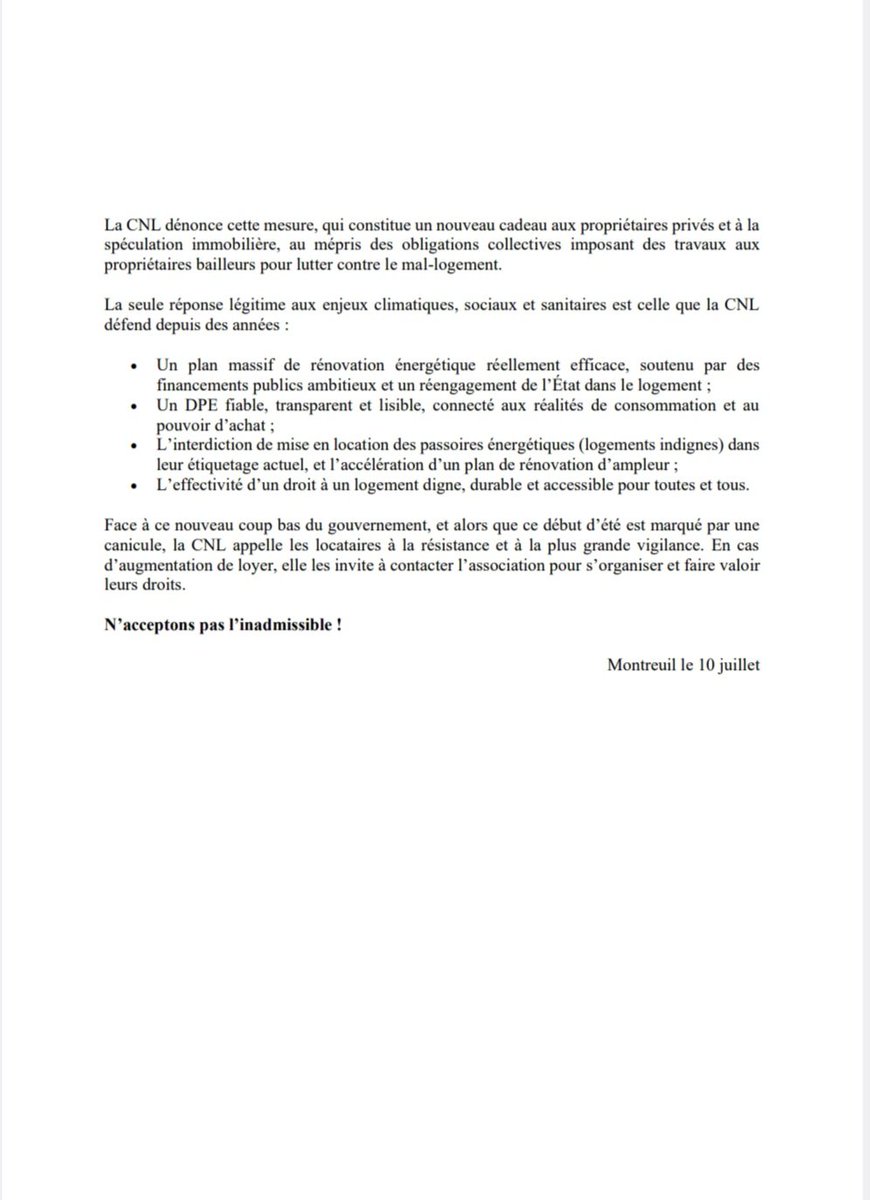La dernière arnaque du gouvernement #Bayrou: on baisse le coefficient de conversion de l'électricité de 2,3 à 1,9 et on remet sur le marché 850 000 passoires  thermiques jusqu'alors classées en F et G.
<a href="/La_CNL/">La CNL</a> appelle à la mobilisation contre ce tour de passe-passe ⬇️