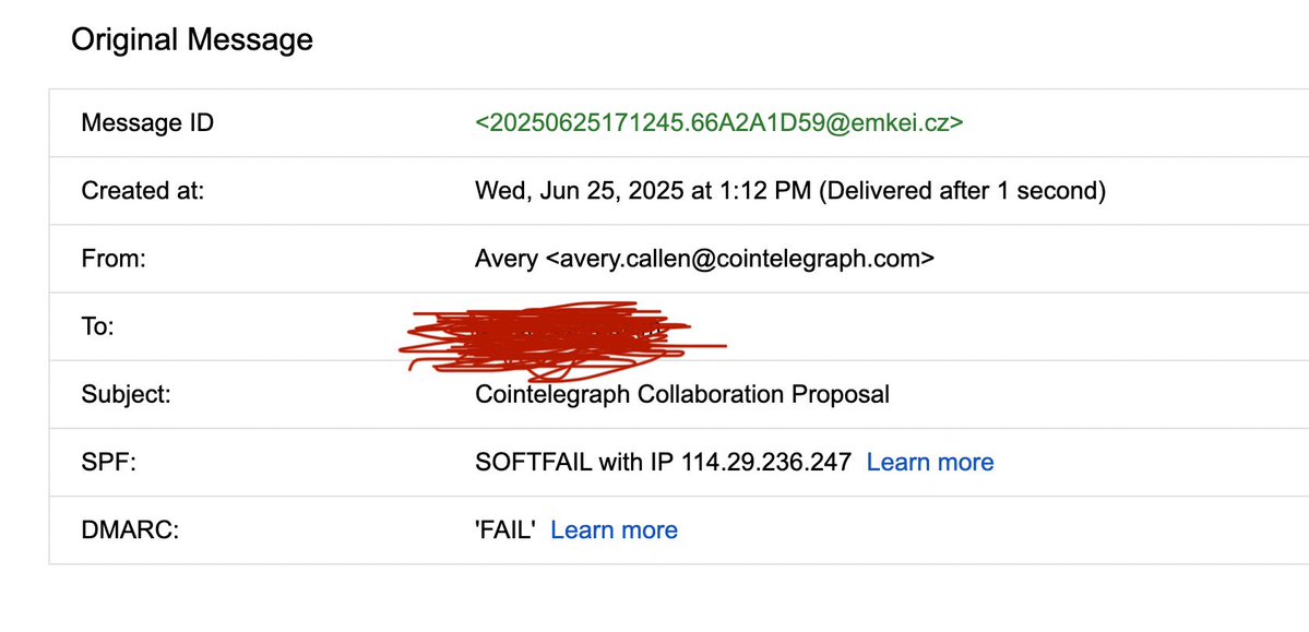 hagaetc's tweet image. PSA I was just attempted scammed. It was a close call and not easy to detect. Here’s what happened 👇
This seemingly legit looking @Cointelegraph email avery.callen@cointelegraph.com (see screenshot) pinged someone on our marketing team. We setup a call for a podcast interview.…