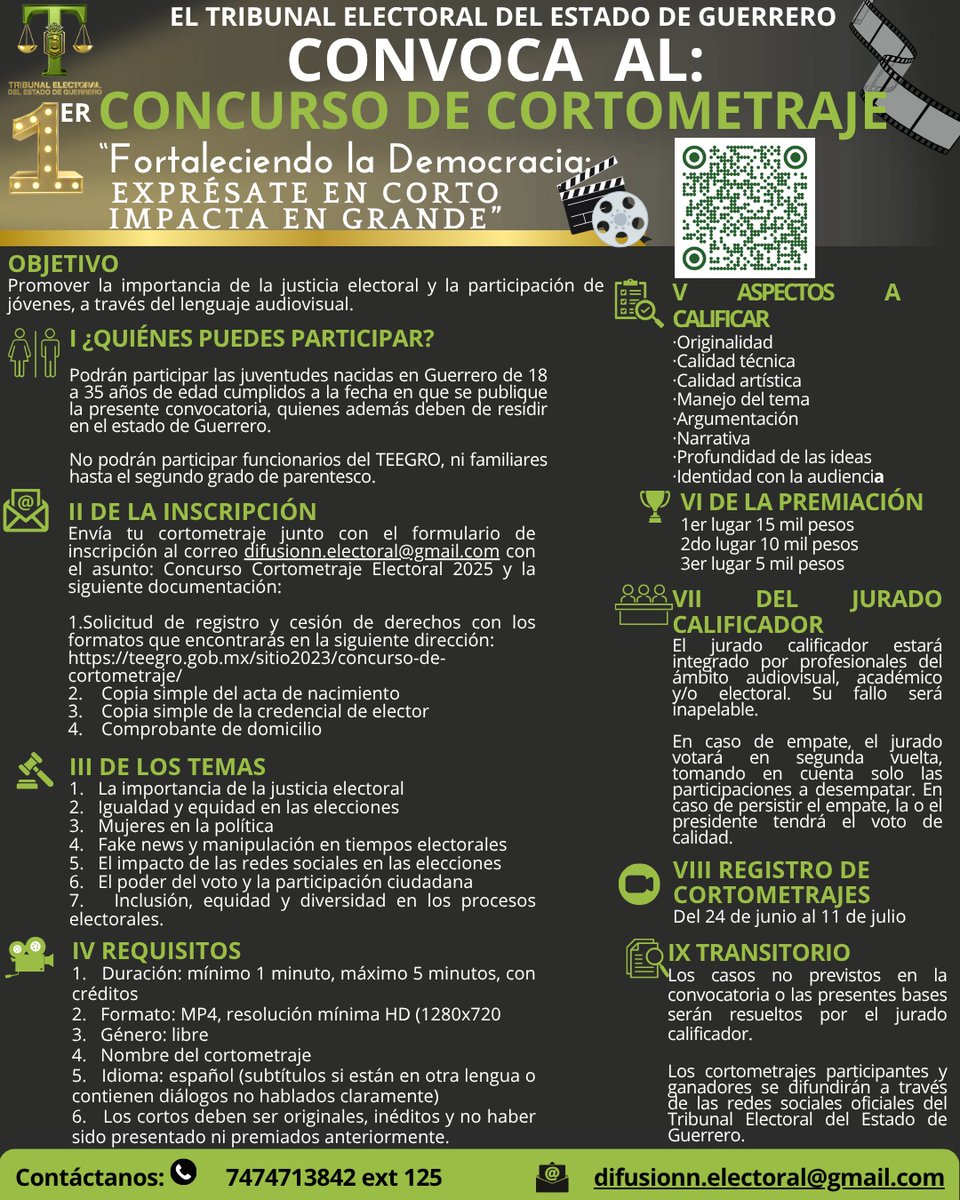 🎬⏳ ¡El tiempo se agota!
📢 Mañana es el ÚLTIMO DÍA para enviar tu cortometraje y participar en el 1er Concurso de Cortometraje Electoral del Tribunal Electoral del Estado de Guerrero.
🗳️ ¡Exprésate en corto, impacta en grande!
📩 Consulta la convocatoria.