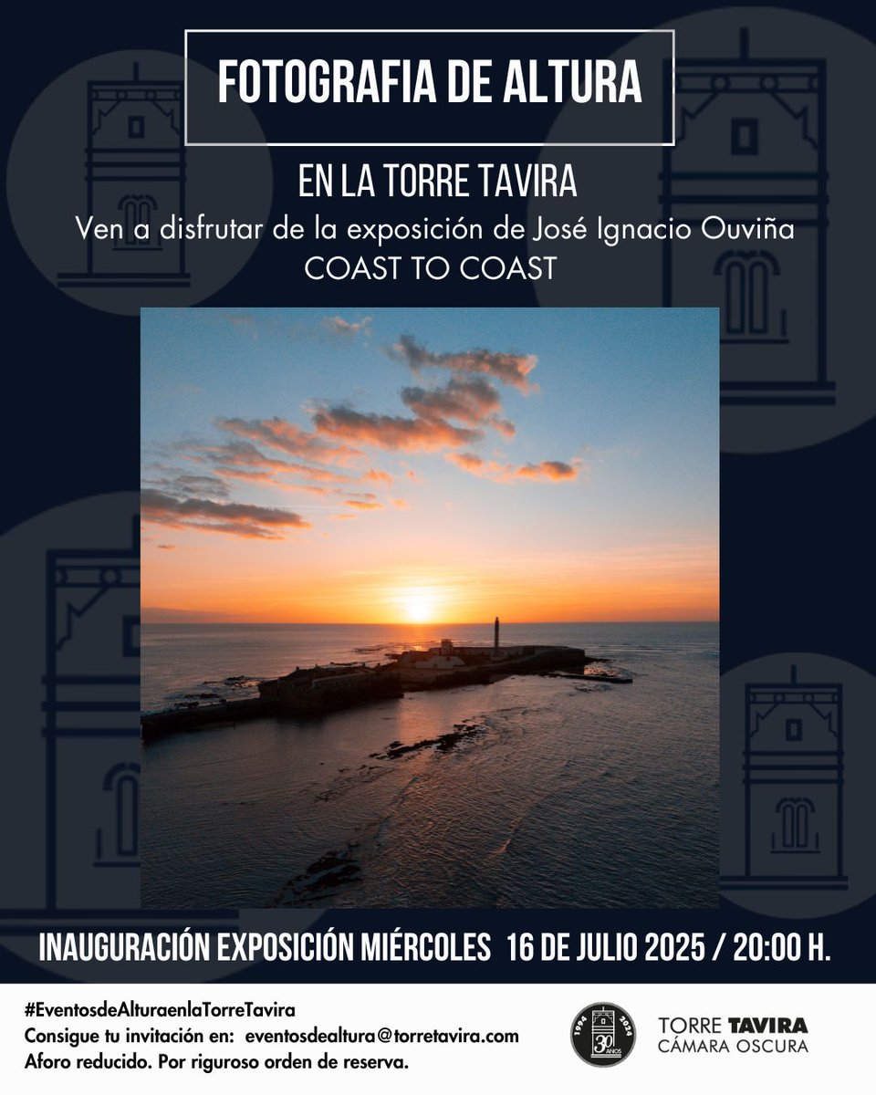 Cámara Oscura (@torre_tavira) on Twitter photo ¡Nuevo evento a la vista! El fotógrafo Jose Ignacio Ouviña estará presentando su exposición fotográfica «Coast to Coast» en la Torre Tavira el próximo miércoles 16/7 🌅📷
Las plazas son limitadas, para no quedarte sin la tuya, escríbenos al correo reservas@torretavira.com 📩 ¡Nuevo evento a la vista! El fotógrafo Jose Ignacio Ouviña estará presentando su exposición fotográfica «Coast to Coast» en la Torre Tavira el próximo miércoles 16/7 🌅📷
Las plazas son limitadas, para no quedarte sin la tuya, escríbenos al correo reservas@torretavira.com 📩