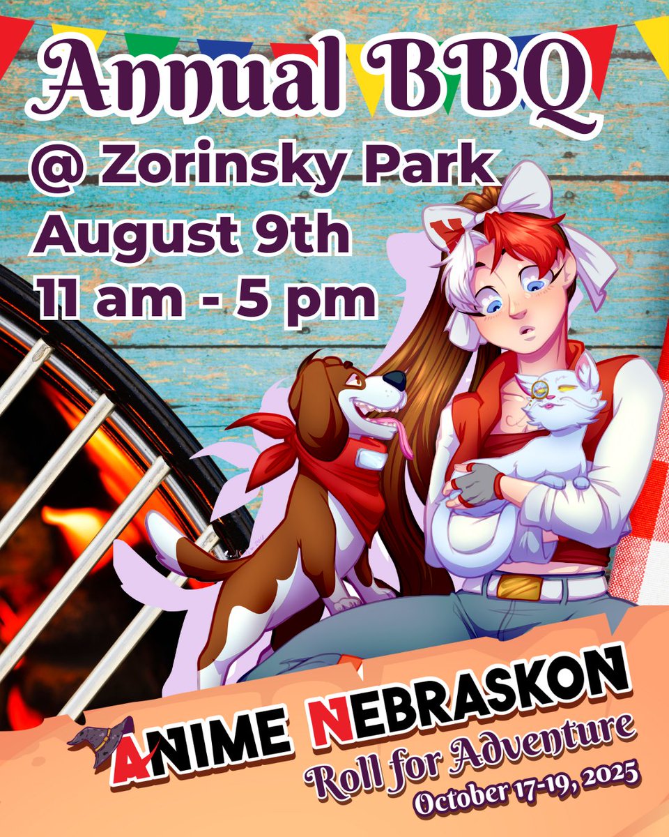Save the date! Join us August 9th, 11 AM–5 PM at Zorinsky Lake Shelter #1 for the NebKon BBQ! Enjoy free food, prizes, and fun. Bring a side or cosplay if you like, and remember sunscreen and bug spray. We can’t wait to see you there!