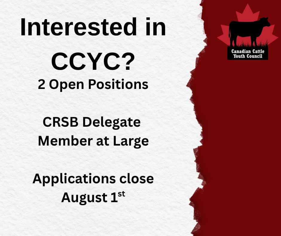 The Canadian Cattle Youth Council is an incredible opportunity to learn more about beef production across Canada. 

CRSB Delegate: forms.office.com/Pages/Response…

Member at Large Application: forms.office.com/Pages/Response…
