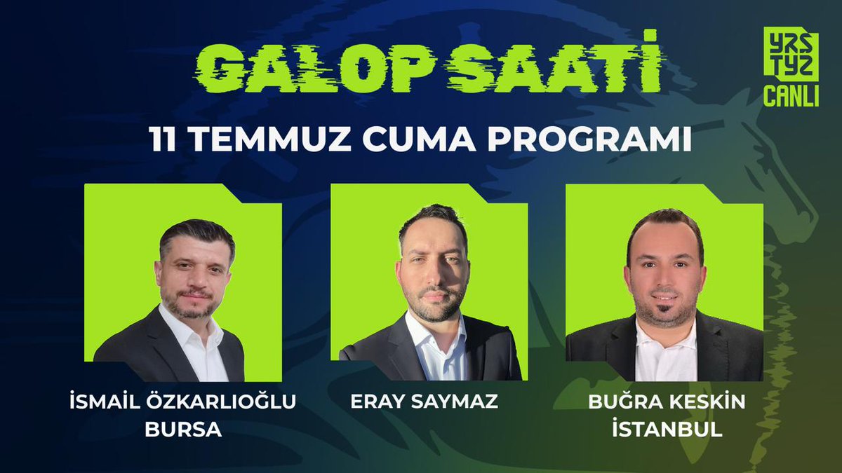 Galop Saati ile yarış heyecanı başlıyor!  

Bugün saat 12.00'de <a href="/EraySaymaz/">Eray Saymaz</a> moderatörlüğünde <a href="/yesiloba01/">Ismail OzK</a> ve <a href="/KeskinNoyann/">Buğra Keskin (MANAGER)</a> İstanbul ve Bursa yarışlarını CANLI yayında Galop Saati programında yorumluyor.    

İzlemek İçin ➡️ youtube.com/live/QwaZb24kF…