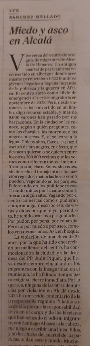 La columna de hoy en  <a href="/el_pais/">EL PAÍS</a> de <a href="/luzsmellado/">Luz Sánchez-Mellado 🇪🇦🏳️‍🌈</a> es valiente, sincera, y real.  Lo que vemos los alcalainos al ir por las calles es lo que explica. Piensas en lo que les ha traído hasta aquí, su ilusión por  llegar y en el vagar sin parar de cada día.