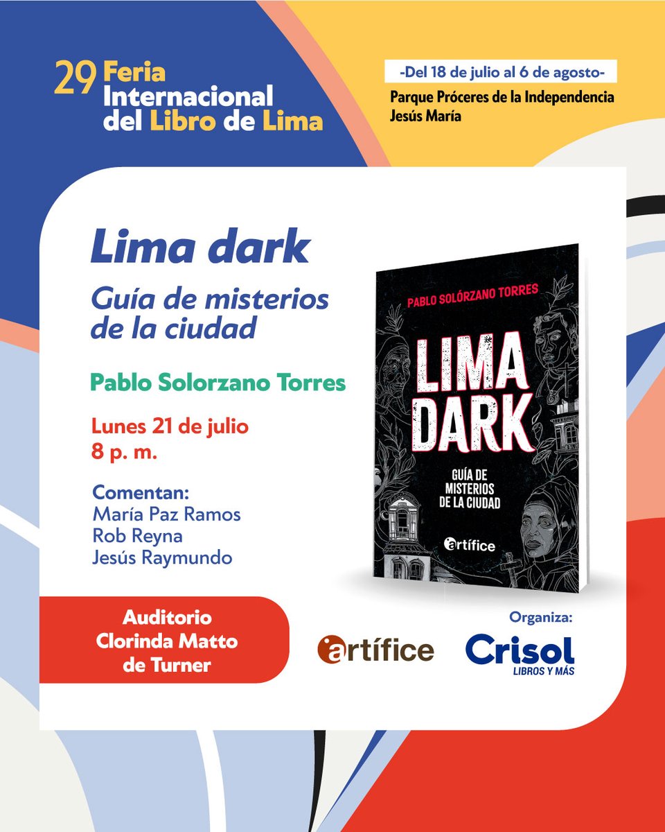😲 En la #FILLima2025 compartiremos los más oscuros secretos de la Ciudad de los Reyes. El lunes 21, a las 8 p. m., presentaremos #LimaDark, de nuestro autor Pablo Solorzano Torres, que reúne relatos de fantasmas, rituales esotéricos y misteriosos sucesos. 💀

#NovedadEditorial