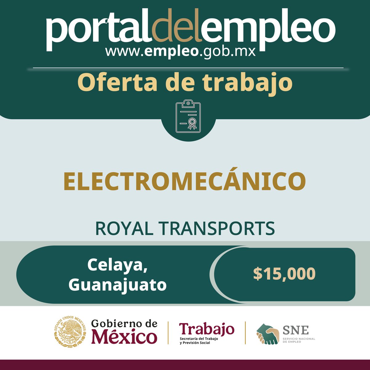 Servicio Nacional de Empleo (@empleogob_mx) on Twitter photo 📢 #BolsaDeTrabajo
👤 Electromecánico en Royal Transports.
📍Para trabajar en #Guanajuato.
💰15,000.00.
Detalles y postulación en: 🔗 goo.su/852ND 📨 asistente_da@royaltransports.com.mx
#Trabajo #Empleo #SNE #PortalDelEmpleo #PrimaveraLaboral 📢 #BolsaDeTrabajo
👤 Electromecánico en Royal Transports.
📍Para trabajar en #Guanajuato.
💰15,000.00.
Detalles y postulación en: 🔗 goo.su/852ND 📨 asistente_da@royaltransports.com.mx
#Trabajo #Empleo #SNE #PortalDelEmpleo #PrimaveraLaboral