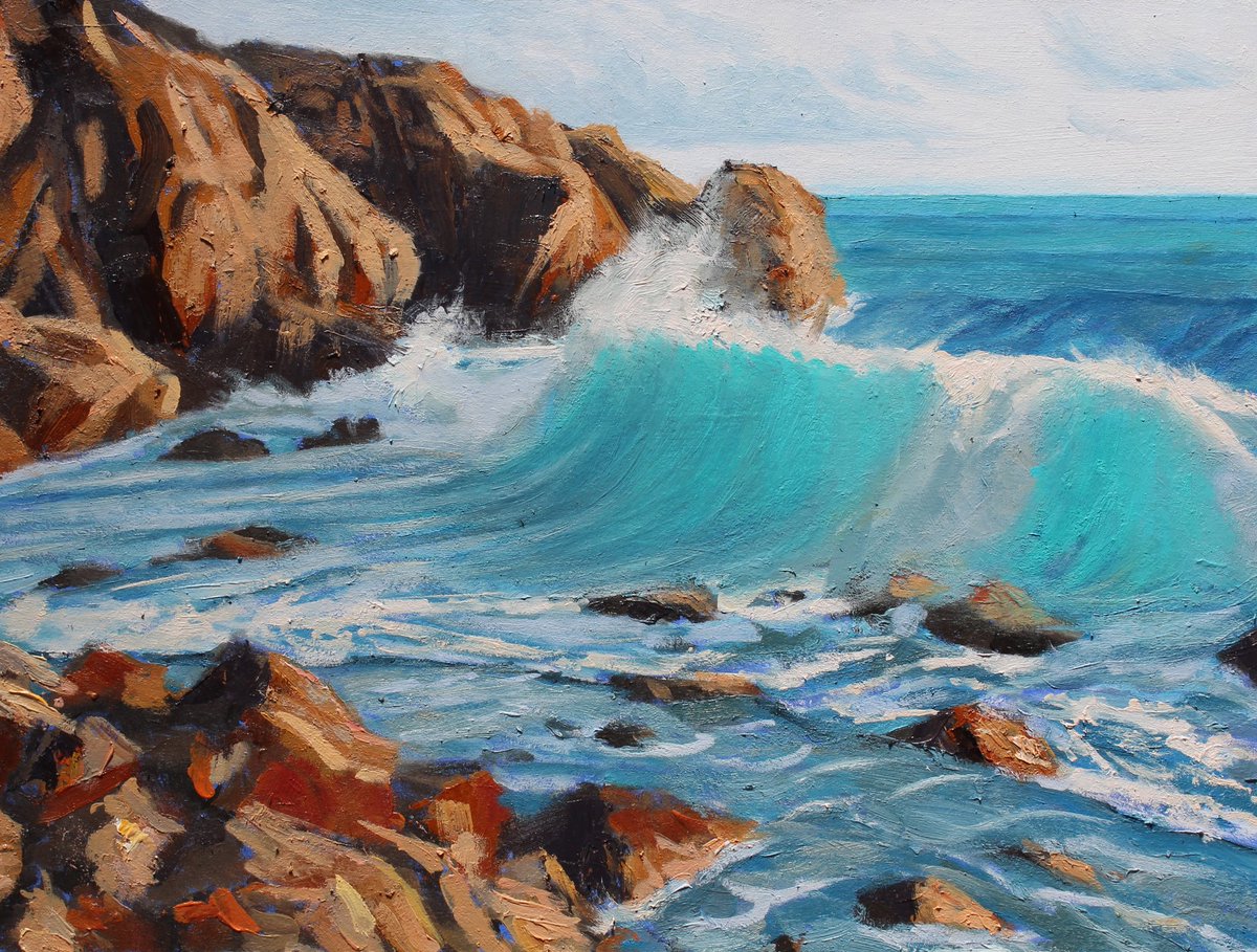 Some progress made on this crashing waves painting. Really enjoying using palette knives and bigger brushes to get a more painterly effect. 

Some more work to do on the wave and I think I'll call this one done.