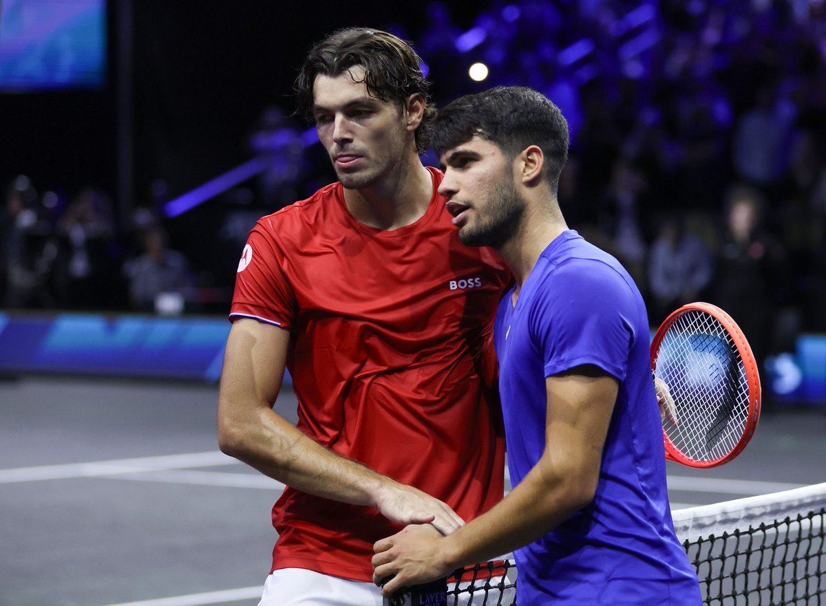 LaverCup's tweet image. Carlos Alcaraz and Taylor Fritz take us back to their match at Laver Cup Berlin.
Tomorrow they meet again for a spot in the Wimbledon final 🌱
Watch here ⬇️
youtu.be/GpWe4ySwrH4?si…