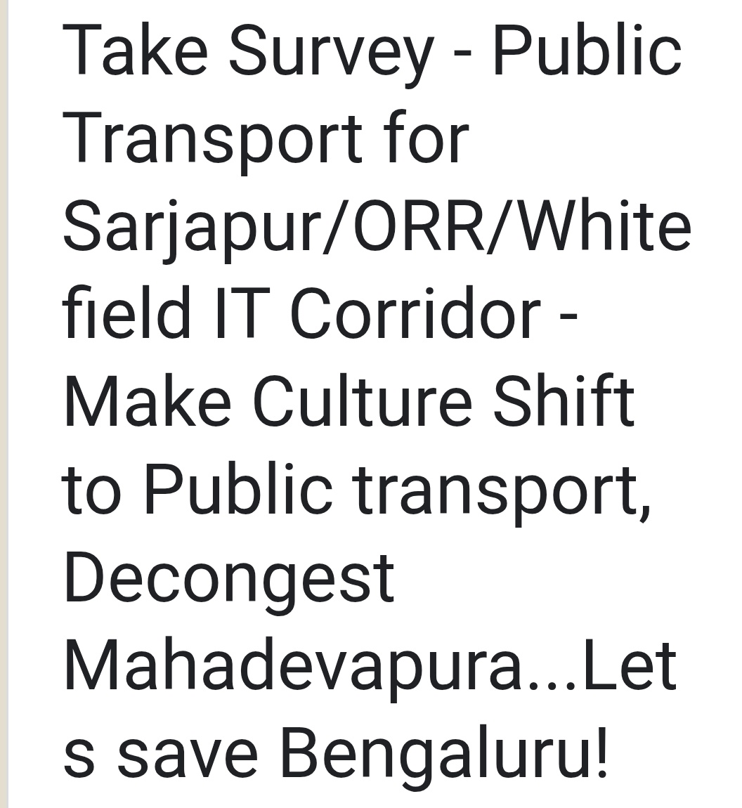 kdevforum's tweet image. Dear friends &amp;amp; commuters of Mahadevapura, 
Pls take this survey for #BMTC transport,it will take just 5mins.
@BMTC_BENGALURU is the only option now &amp;amp; it will help us #Decongest Sarjapur road,ORR,Varthur &amp;amp; areas of whitefield  to commute in IT Corridor. 
 forms.gle/1EWWByDaEfSDBg…