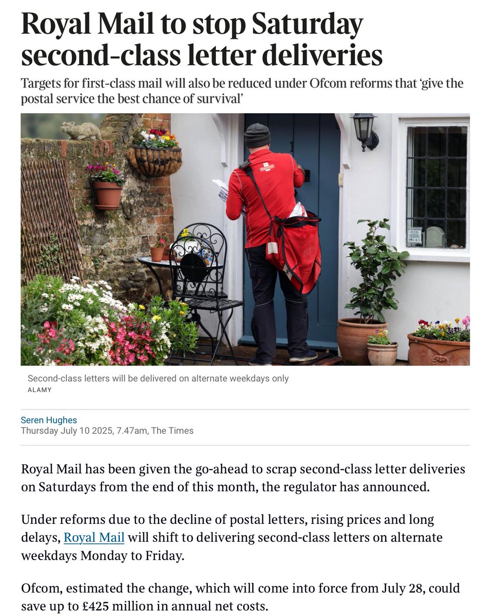 Czech owned Royal Mail to replace 2nd class post with 3rd class every other day service and downgrade first class to just a nine in ten chance of arriving tomorrow bit.ly/4kzQ3Wp