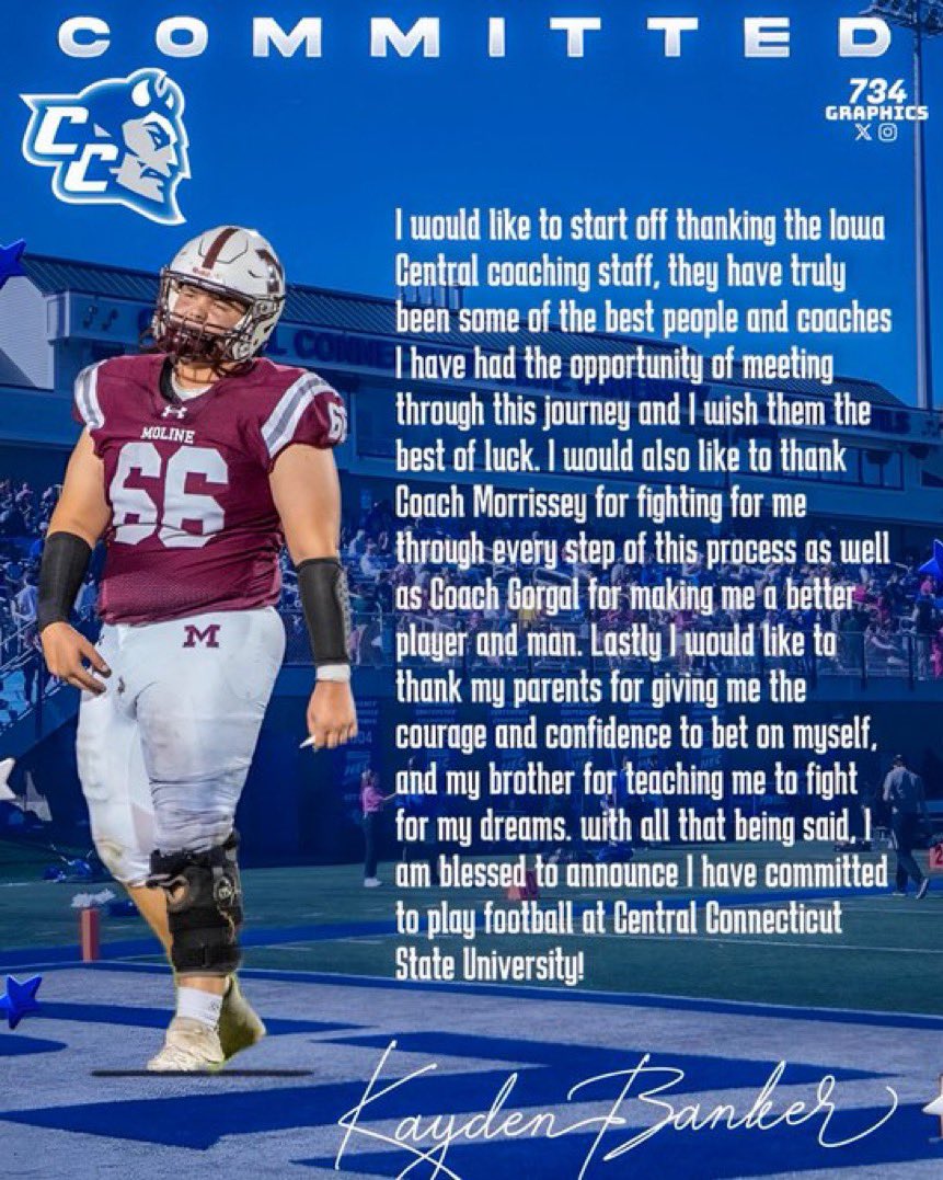 Kayden Banker (@kayden_banker) on Twitter photo Committed! Blessed to announce my commitment to play football at Central Connecticut State University, thanks to all those that helped along the way! <a href="/Moline_Football/">Moline Football</a> <a href="/CoachMorrissey7/">Mike Morrissey</a> Committed! Blessed to announce my commitment to play football at Central Connecticut State University, thanks to all those that helped along the way! <a href="/Moline_Football/">Moline Football</a> <a href="/CoachMorrissey7/">Mike Morrissey</a>