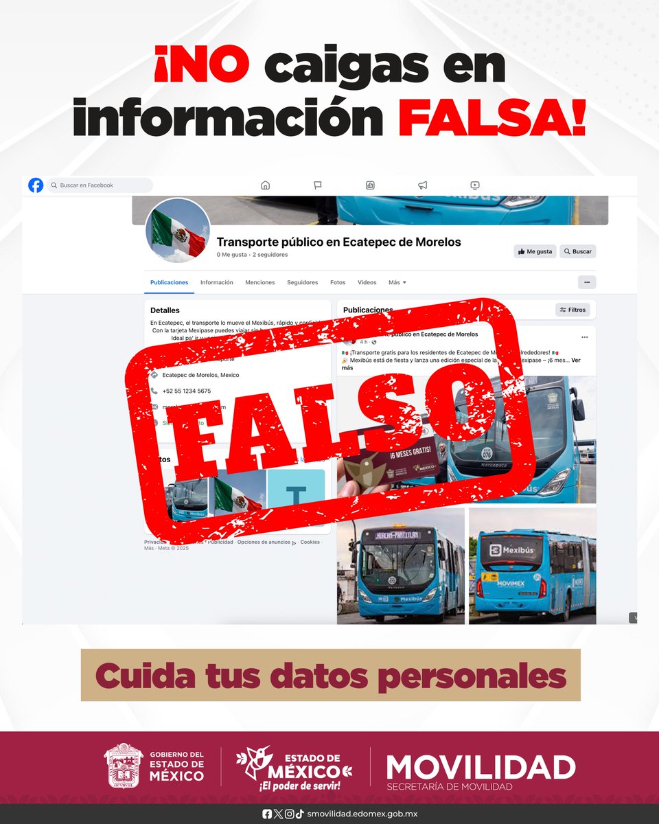 Secretaría de Movilidad GEM (@semov_edomex) on Twitter photo Sobre la publicación que está circulando en redes sociales, informamos que es totalmente FALSO. No caigas en #InformaciónFalsa. Recuerda que toda información es través de las cuentas oficiales de <a href="/MexibusInforma/">Mexibús Informa</a>.
Denuncia la siguiente página falsa: acortar.link/53ufMq Sobre la publicación que está circulando en redes sociales, informamos que es totalmente FALSO. No caigas en #InformaciónFalsa. Recuerda que toda información es través de las cuentas oficiales de <a href="/MexibusInforma/">Mexibús Informa</a>.
Denuncia la siguiente página falsa: acortar.link/53ufMq
