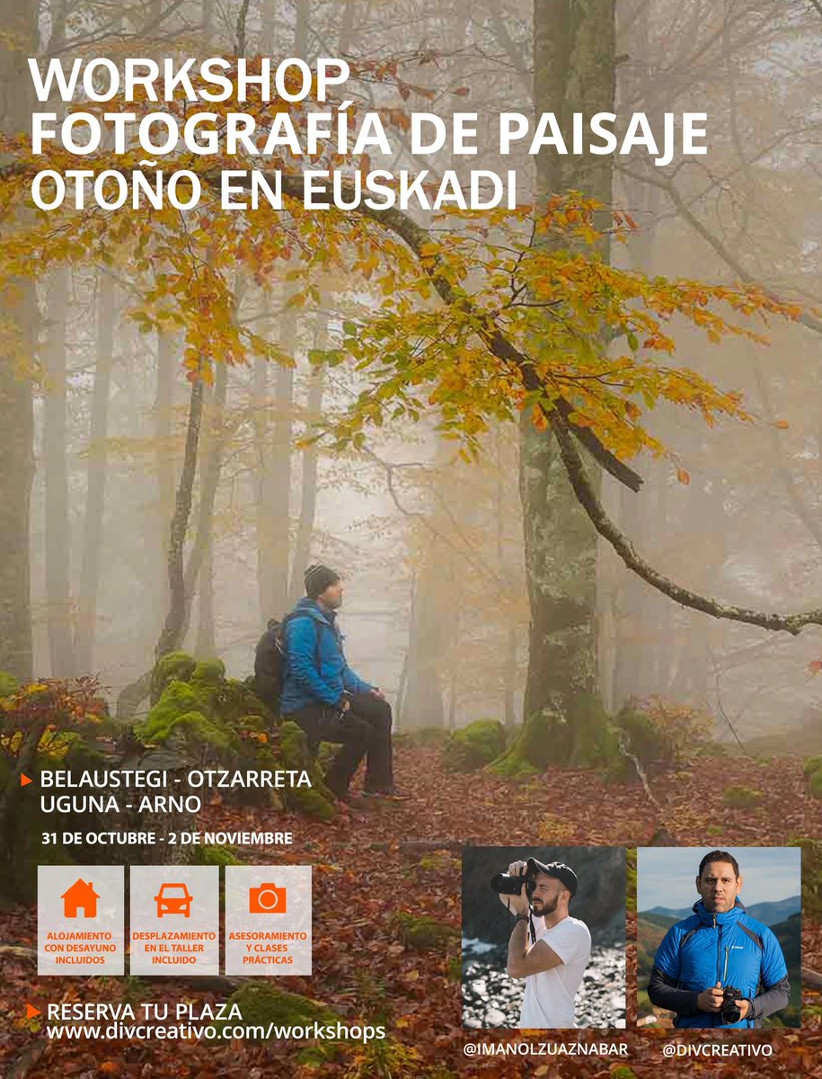 Del 31 de Octubre al 2 de Noviembre <a href="/DIVCreativo/">David de la Iglesia 📷</a> y yo organizamos nuestro primer taller fotográfico de otoño en Euskadi.
Un planazo para conocer los mejores rincones de los bosques vascos en plena otoñada🍂
En el siguiente post toda la info ⬇️