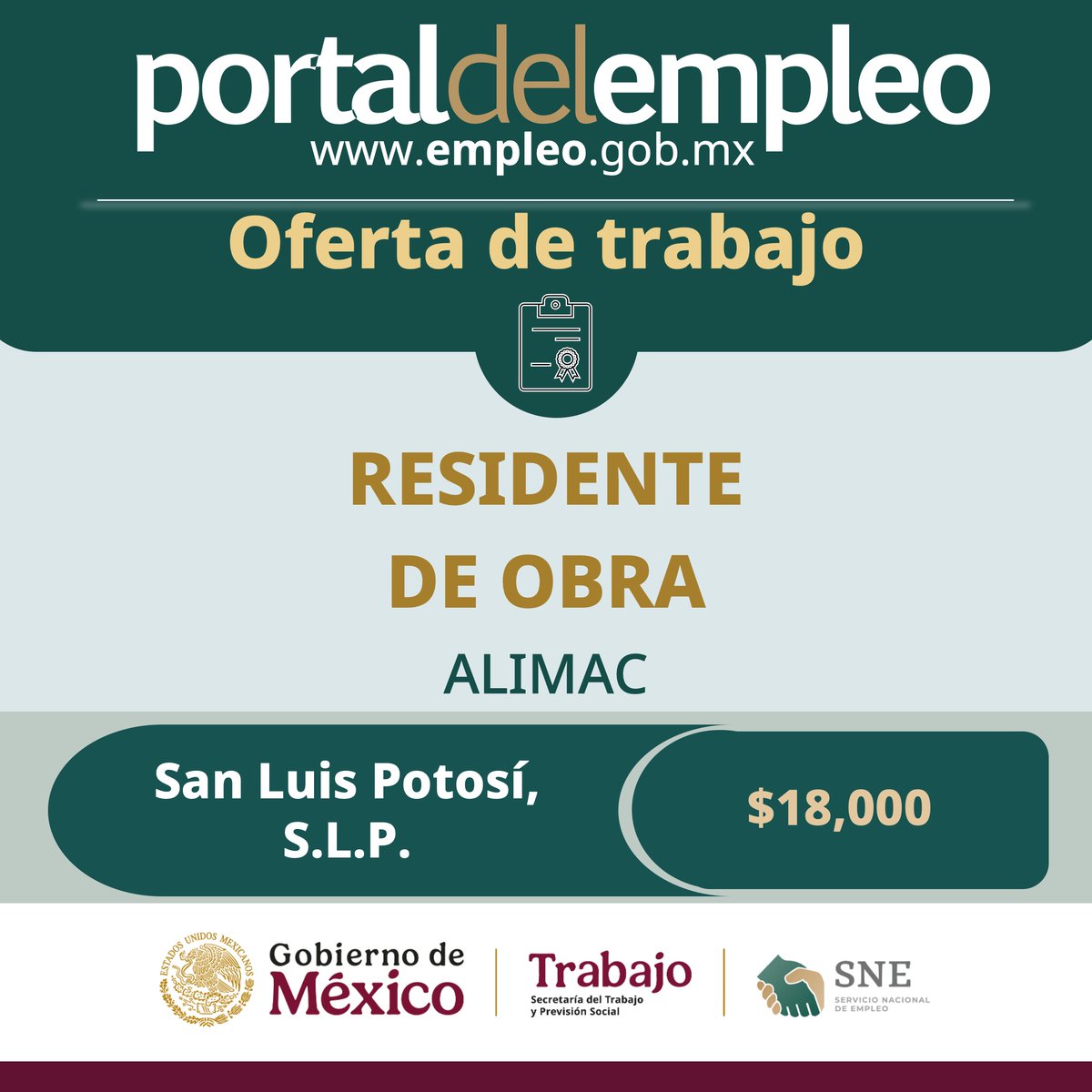 Servicio Nacional de Empleo (@empleogob_mx) on Twitter photo 📢 #BolsaDeTrabajo
👤 Residente de obra en Alimac.
📍Para trabajar en #SanLuisPotosí.
💰18,000.00.
Detalles y postulación en: 🔗 goo.su/JDRvnT 📨 operaciones@corporativoalimac.com
#Trabajo #Empleo #SNE #PortalDelEmpleo #PrimaveraLaboral 📢 #BolsaDeTrabajo
👤 Residente de obra en Alimac.
📍Para trabajar en #SanLuisPotosí.
💰18,000.00.
Detalles y postulación en: 🔗 goo.su/JDRvnT 📨 operaciones@corporativoalimac.com
#Trabajo #Empleo #SNE #PortalDelEmpleo #PrimaveraLaboral
