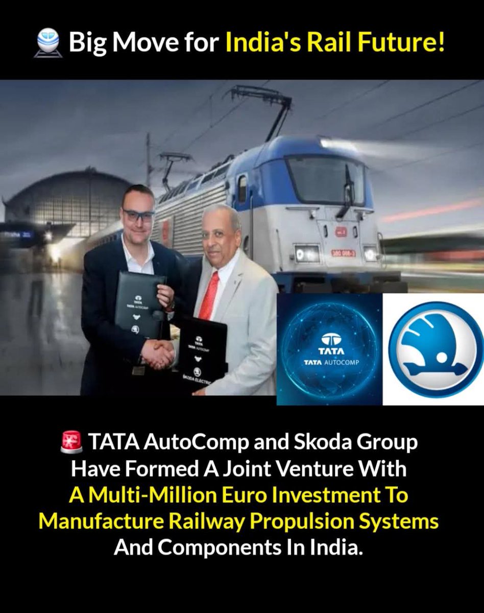 msreeni60's tweet image. 🚄 Powering India&apos;s Railway Revolution!
TATA AutoComp and Skoda Group join hands in a multi-million euro venture to manufacture advanced railway propulsion systems and components in India.
#MakeInIndia #RailwayInnovation #TATAAutoComp #SkodaGroup #IndiaRailFuture
