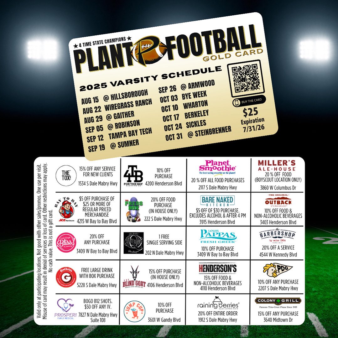Our annual Gold Card  fundraiser is on until July 24th. Thanks to the 20 local businesses for participating this year. We appreciate their support of Plant Football 🖤💛 Look for our players selling the cards around town!