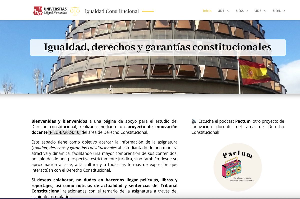 NuriaRecheTello's tweet image. Desde @constiumh hemos desarrollado este curso el #PIEU B/2024/16: "Igualdad constitucional: la web de la asignatura como apoyo a la docencia universitaria".
Si eres docente o estudiante de #Derecho te invitamos a que eches un vistazo 👁🗨
igualdad-constitucional.umh.es