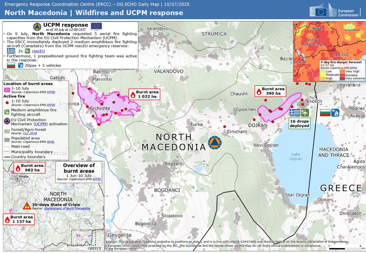 🗺️Mapped: North Macedonia | Wildfires and #EUCivilProtection Mechanism response ⬇️