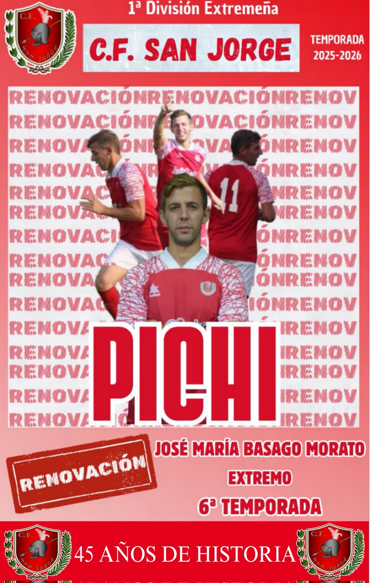 RENOVACIÓN 🔴⚪

Pichi seguirá ayudando al equipo con su trabajo y sus goles

Peligro en la banda, calidad y gol.

¡Vamos <a href="/jmpichi10/">pichi</a> 💪🏼!

Aúpa San Jorge 🔴⚪