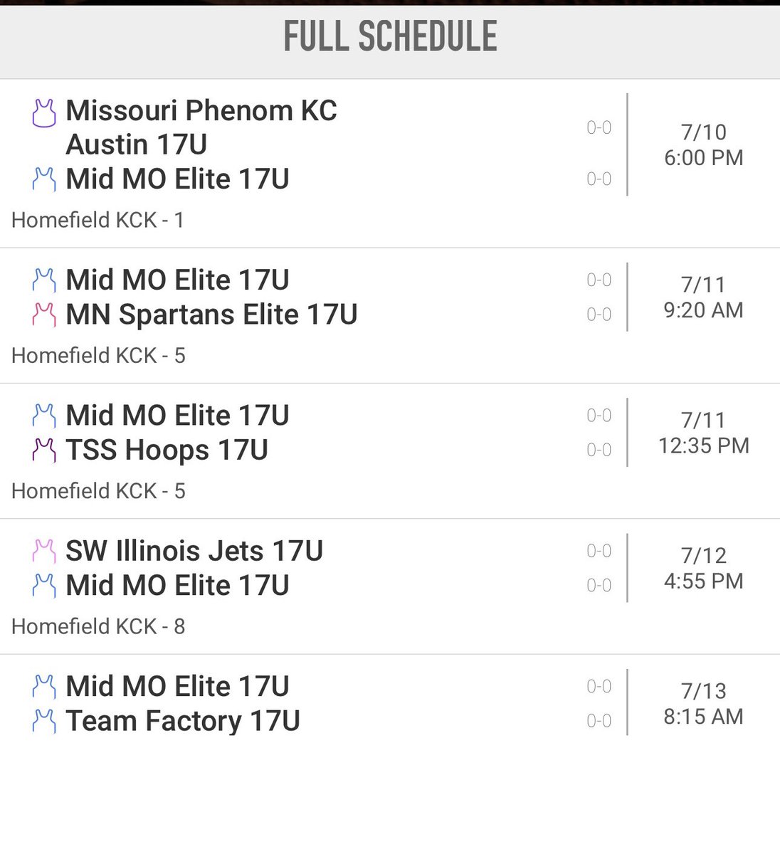 Looking forward to a great season with <a href="/MidMoElite/">Mid Mo Elite</a>. Here is our schedule for the upcoming event with <a href="/RL_Hoops/">RecruitLook Hoops</a>