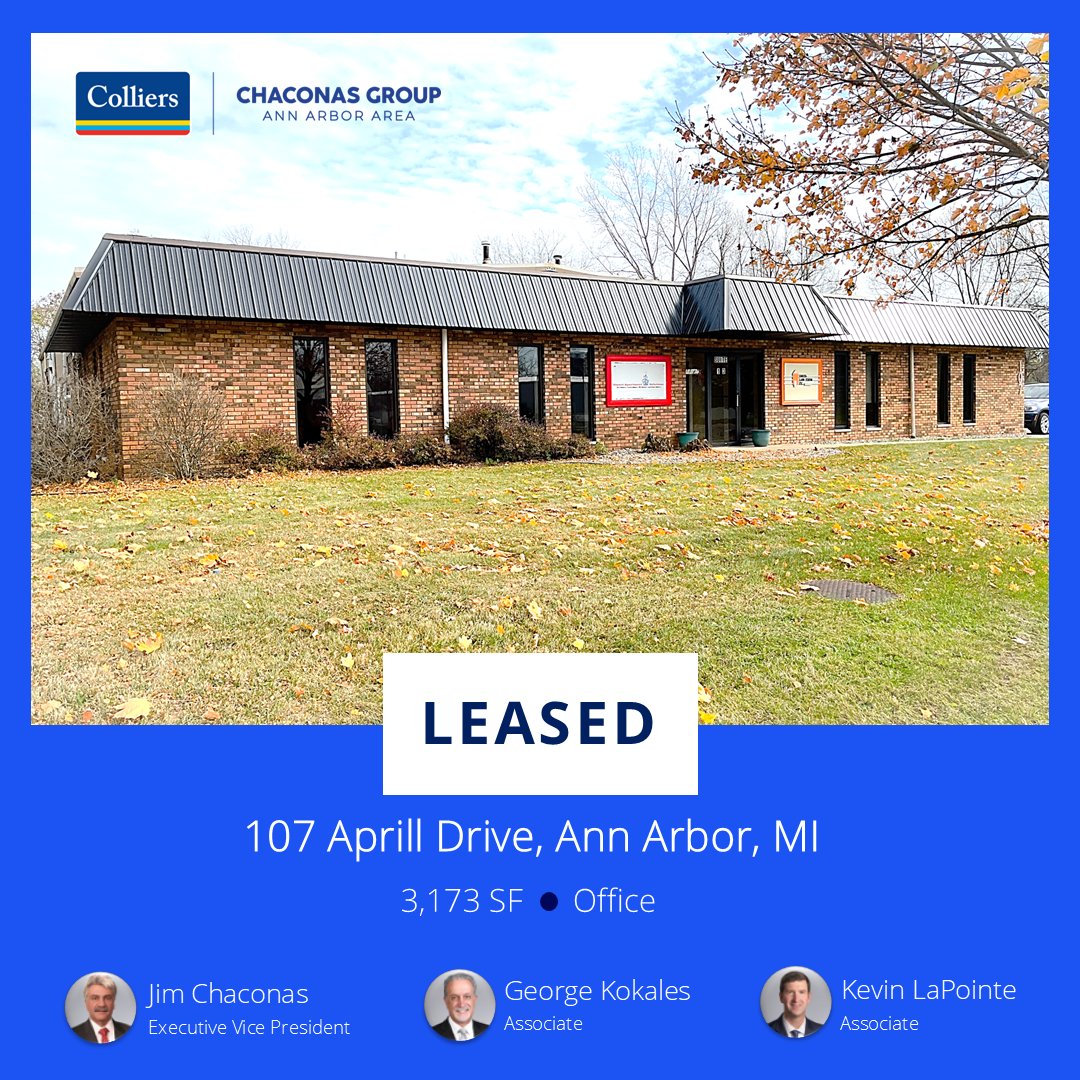 We are thrilled to announce 100% occupancy at 107 Aprill Drive! Whether large or small spaces, we believe in teamwork, building relationships and understanding every client's unique needs. Congrats to everyone that played a role!
#Leased #ColliersAnnArbor #ExpertsChooseExperts