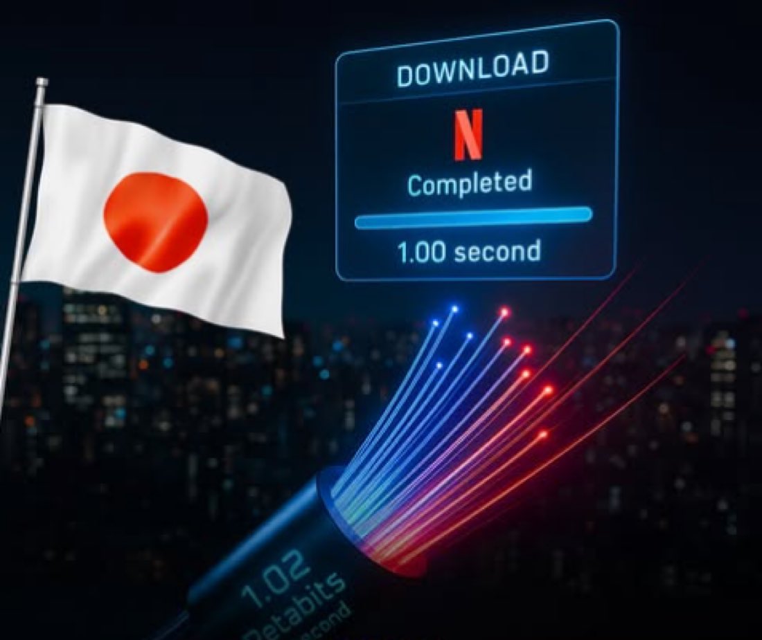 🇯🇵 | Japón rompió el récord de velocidad de Internet con 1,02 petabits por segundo.

Es 3,5 millones de veces más rápido que el promedio de EEUU.

Podrías descargar todo el catálogo de Netflix en tan solo 1 segundo.