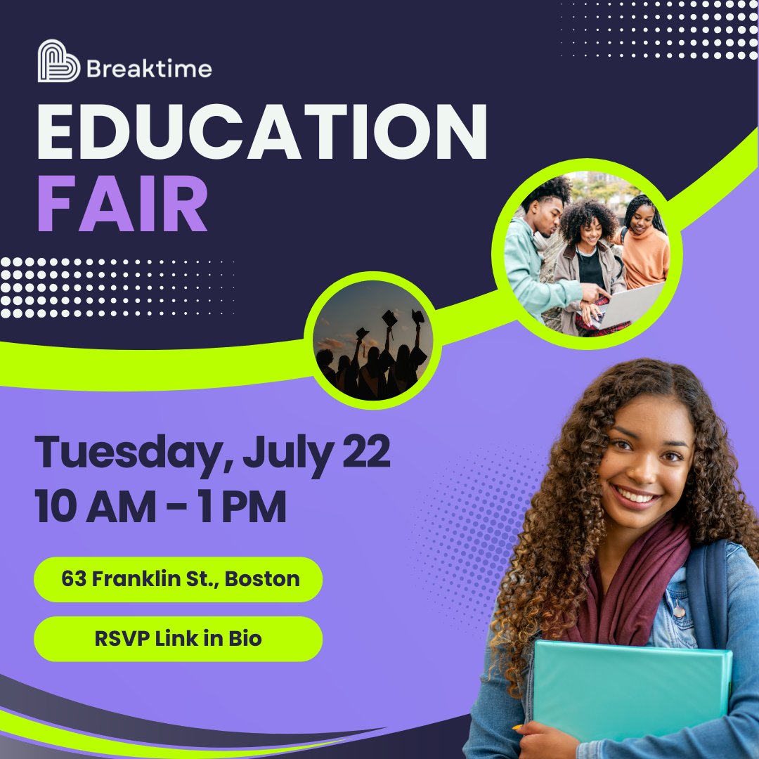 📚 Are you interested in furthering your education? Breaktime welcomes you to join us for our first Education &amp; Resource Fair from 10 am to 2 pm on July 22nd. Come check out and learn more about a variety of schools and programs!

🔗 RSVP: bit.ly/breaktime-fair