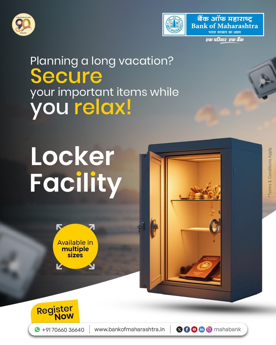 mahabank's tweet photo. Going on a long vacation? Make sure your valuables stay safe while you enjoy your trip. Bank of Maharashtra’s Locker Facility offers multiple sizes to fit your needs securely and conveniently.
For online registration, click https://t.co/1gOWhf5S4I
#Mahabank #SafeLockers #Locker https://t.co/c2VaG4EBXe