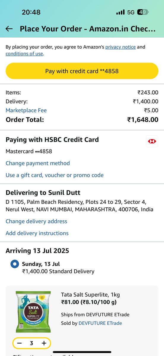 ⁦<a href="/amazonIN/">Amazon India</a>⁩
⁦<a href="/amazon/">Amazon</a>⁩
⁦<a href="/TataConsumer/">Tata Consumer Products</a>⁩
When delivery charges are 6 times the product price. Wonder what’s happening here. 

Guess someone needs to be focused on these