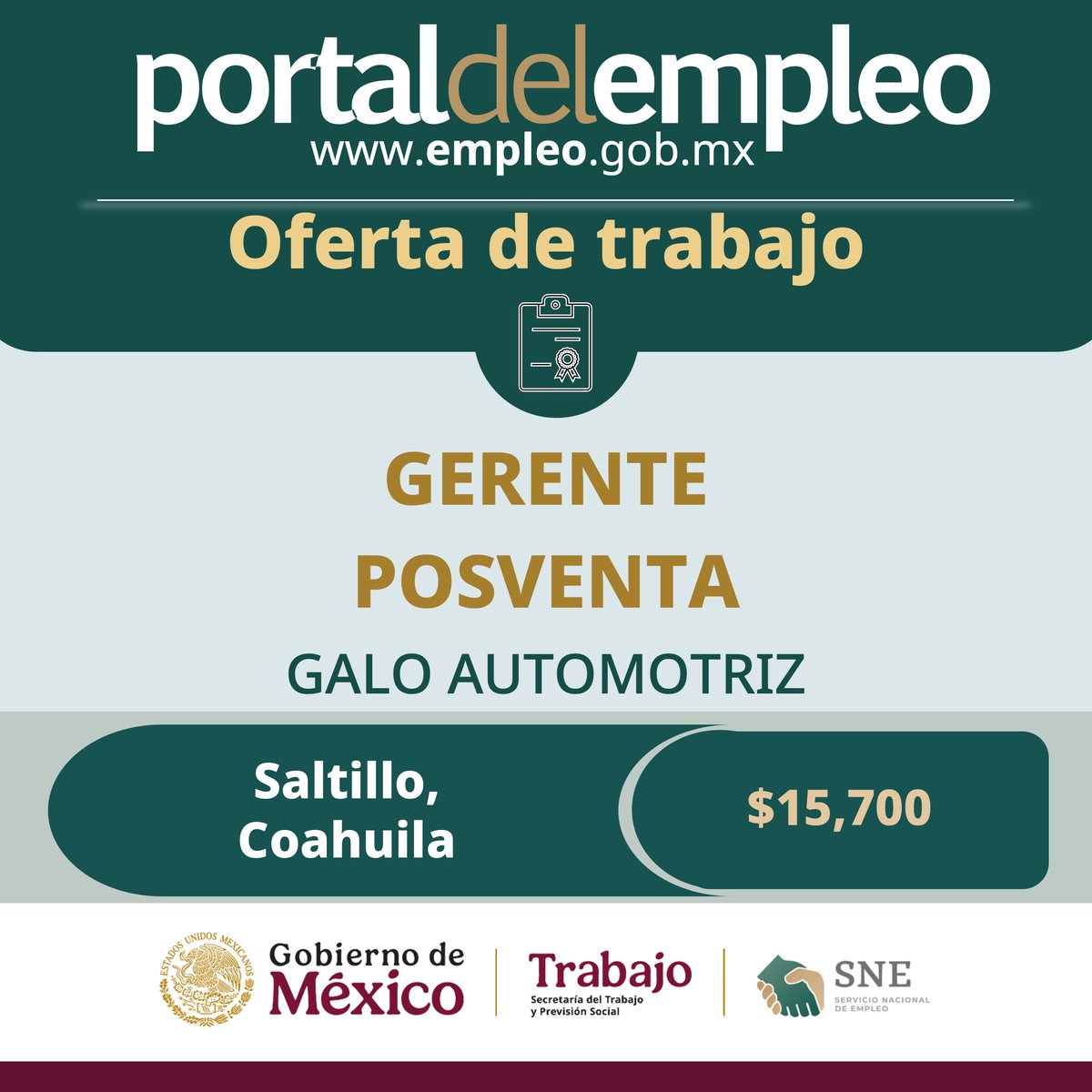 Servicio Nacional de Empleo (@empleogob_mx) on Twitter photo 📢 #BolsaDeTrabajo
👤 Gerente postventa en Galo Automotriz.
📍Para trabajar en #Coahuila.
💰15,700.00.
Detalles y postulación en: 🔗 goo.su/qXae 📨 devany.palacios@surman.com
#Trabajo #Empleo #SNE #PortalDelEmpleo #PrimaveraLaboral 📢 #BolsaDeTrabajo
👤 Gerente postventa en Galo Automotriz.
📍Para trabajar en #Coahuila.
💰15,700.00.
Detalles y postulación en: 🔗 goo.su/qXae 📨 devany.palacios@surman.com
#Trabajo #Empleo #SNE #PortalDelEmpleo #PrimaveraLaboral