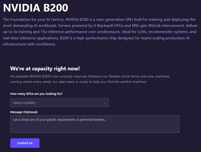 get_hydrahost's tweet image. If you see this screen while hunting for B200s, don’t panic.

Yes, we&apos;re at capacity, but not for long.

We have rapid access to fresh B200 inventory and some of the fastest turnaround times in the industry. One customer reached out on the evening of July 3rd and was up and…