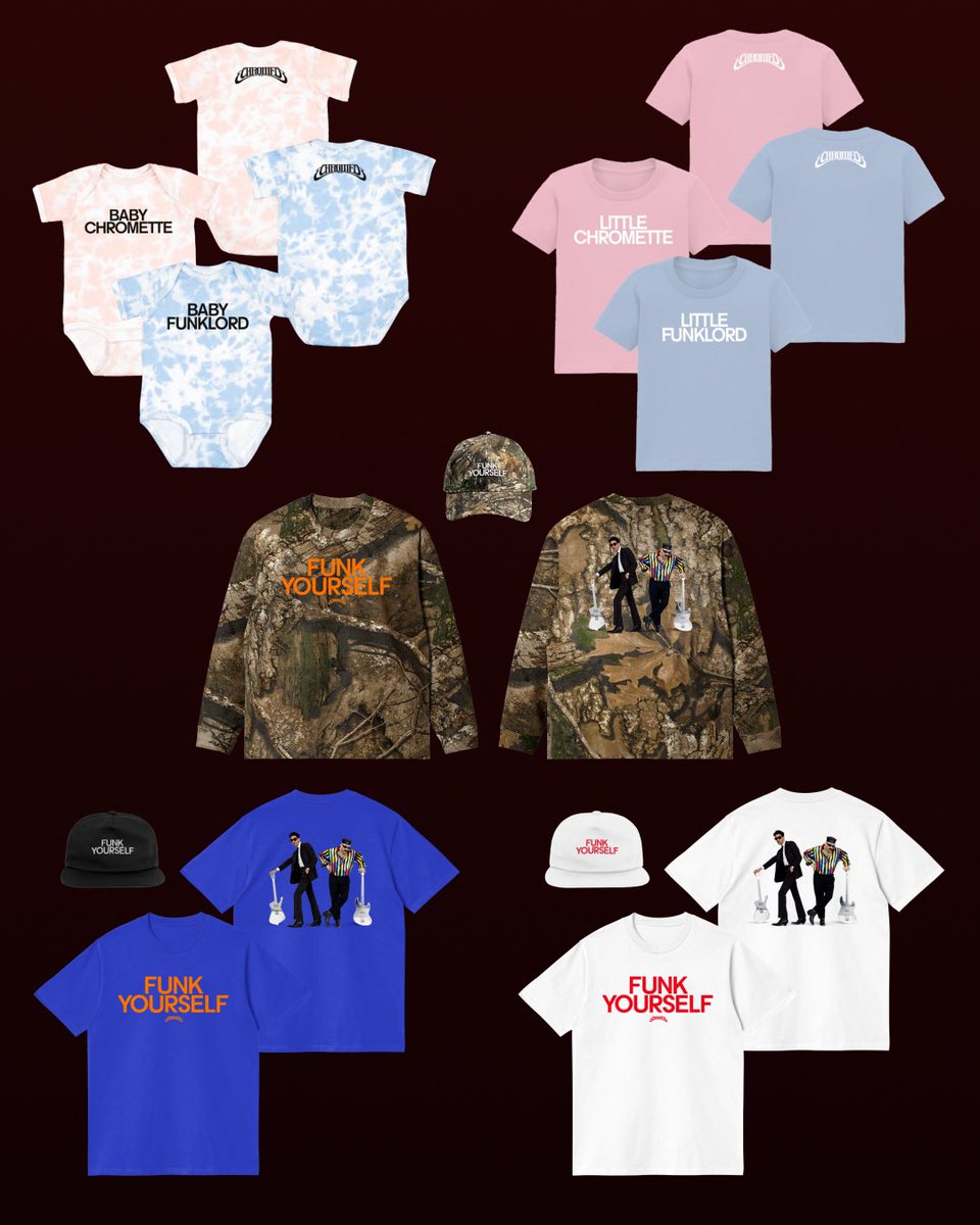 Chromeo's tweet image. Yβall wanted baby merch we made some! Plus the leaf camo is back plus some new Funk Yourself summer colors: shop.chromeo.net
