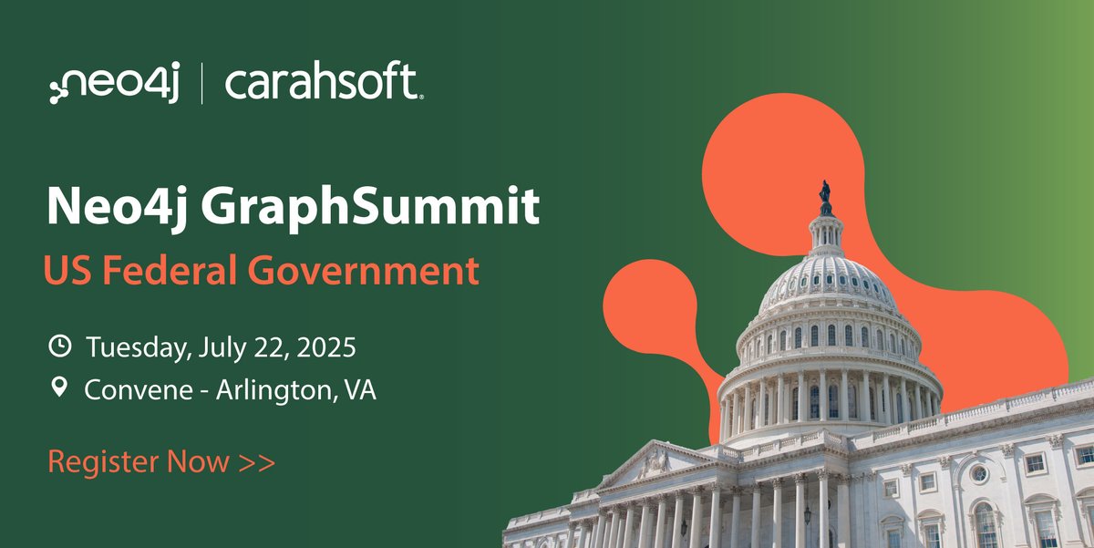 Carahsoft's tweet image. .@Neo4j is helping agencies unlock real-time insights, powered by AI, and modernizing Federal workflows. Sign up for the GraphSummit Government on 7/22 to explore graph tech in action: carah.io/e5d4d
#GraphAnalytics #PublicSectorAI