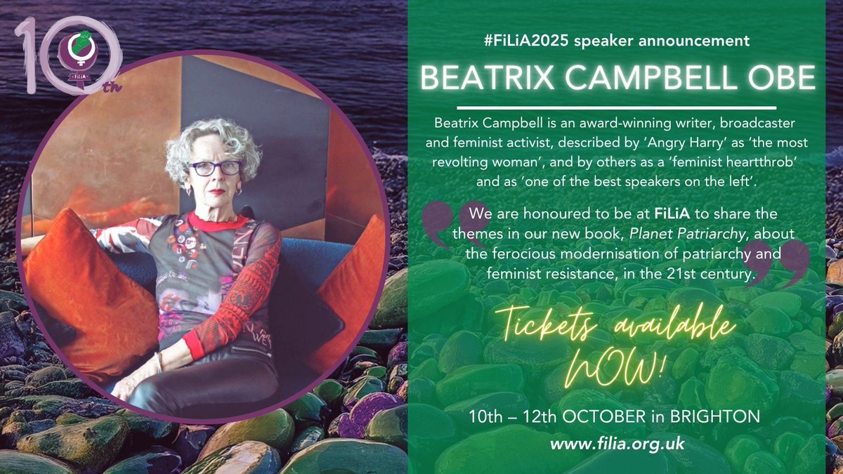 FiLiA (@filia_charity) on Twitter photo 💥 #FiLiA2025 speaker news!💥
BEATRIX CAMPBELL OBE <a href="/beatrixcampbell/">Beatrix Campbell</a>, renowned writer, journalist & #feminist activist, known for her work on sex equality, social justice & class politics will be speaking at #FiLiA
🎟️ filia.org.uk/tickets
#PlanetPatriarchy 💥 #FiLiA2025 speaker news!💥
BEATRIX CAMPBELL OBE <a href="/beatrixcampbell/">Beatrix Campbell</a>, renowned writer, journalist & #feminist activist, known for her work on sex equality, social justice & class politics will be speaking at #FiLiA
🎟️ filia.org.uk/tickets
#PlanetPatriarchy