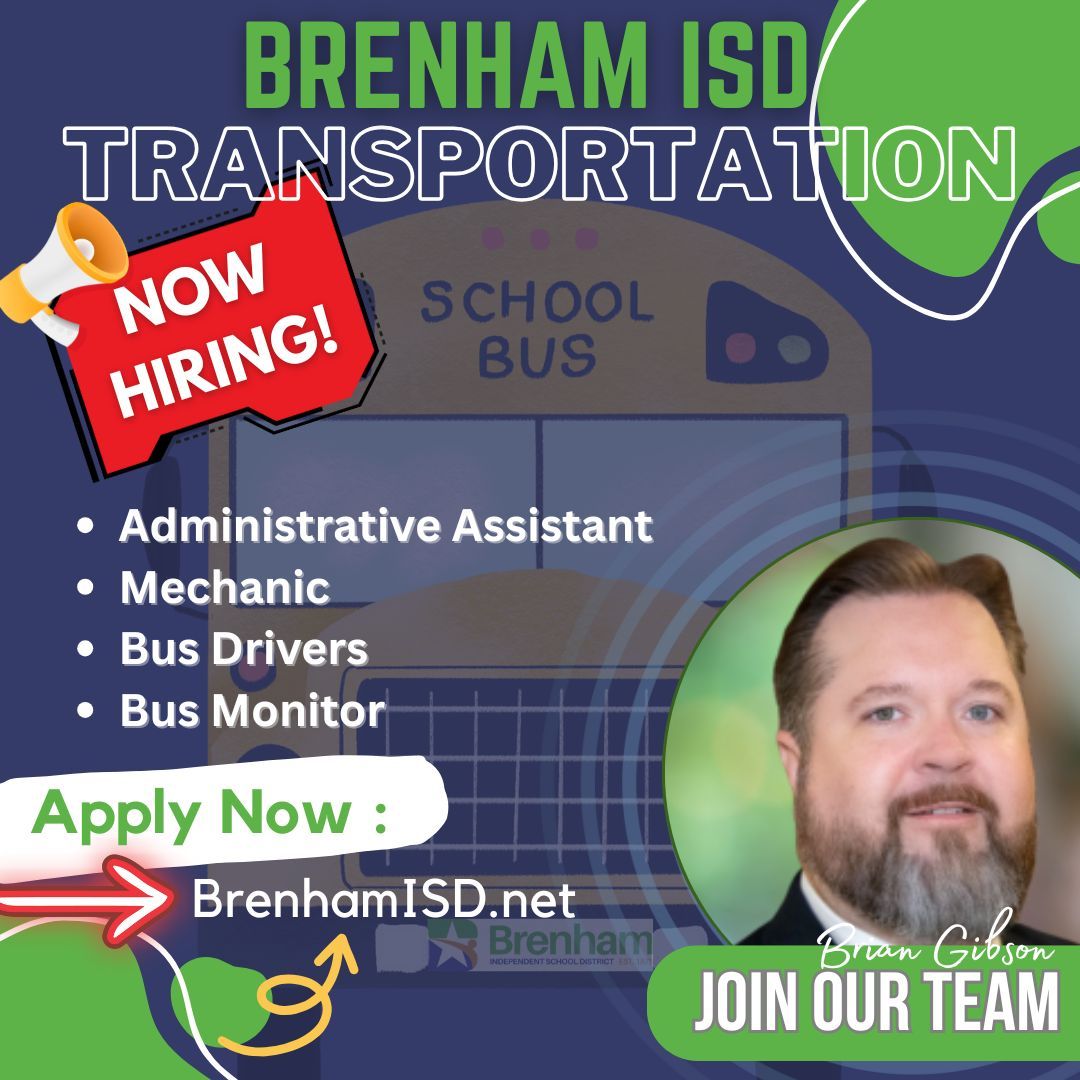 🚍 We're Hiring!
Brenham ISD is looking for Bus Drivers &amp; Transportation Staff to help safely get students to and from school.

✅ Paid Training
✅ Great Hours
✅ Meaningful Work

Apply now 👉 brenhamisd.net/page/trans.jobs 
#WeAreBrenham #NowHiring #SchoolJobs #TransportationJobs